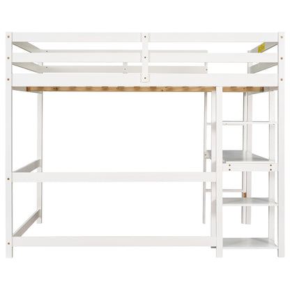 Full Loft Bed with Desk and Shelves,White