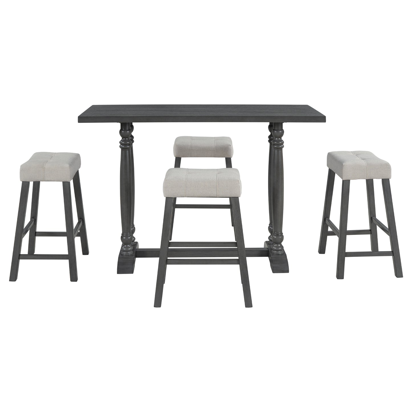 TREXM 5-Piece Dining Table Set, Counter Height Dining Furniture with a Rustic Table and 4 Upholstered Stools for Kitchen, Dining Room (Gray)