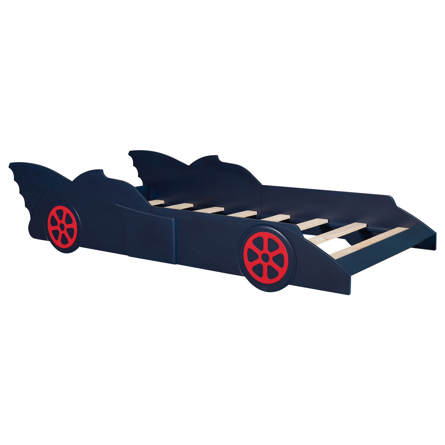 Twin Size Race Car-Shaped Platform Bed with Wheels,Blue+Red