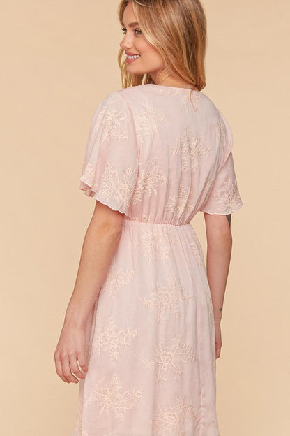 CRINKLE EMBROIDERED FLARE WOVEN DRESS