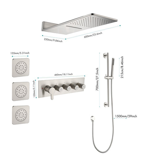 Shower System Square Bathroom Luxury Rain Mixer Shower Combo Set Pressure Balanced Shower System with Shower Head, Hand Shower, Slide Bar, Shower Arm, Hose, and Valve Trim