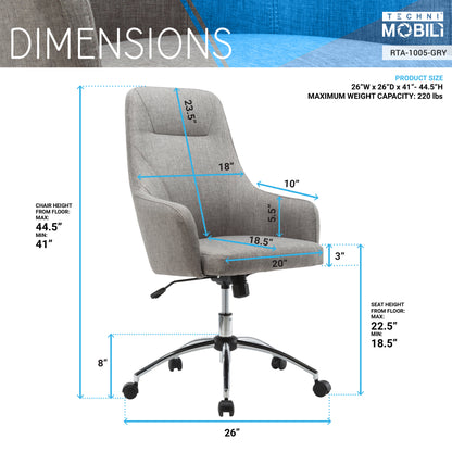 Techni Mobili Comfy Height Adjustable Rolling Office Desk Chair with Wheels