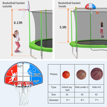 10FT Trampoline for Kids with Safety Enclosure Net, Basketball Hoop and Ladder, Easy Assembly Round Outdoor Recreational Trampoline