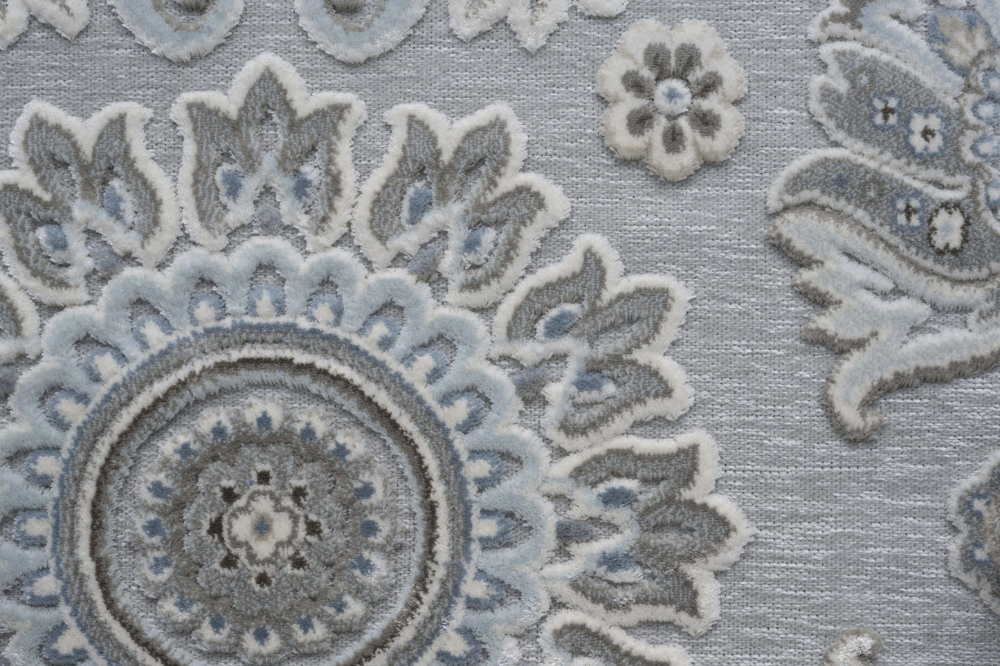 Lily Light Gray, Medium Gray, Blue and Ivory Chenille and Viscose High - Low Area Rug 8x10