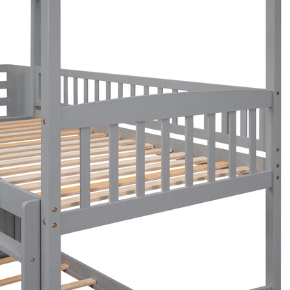 Twin Over Twin Bunk Bed with Drawers and Slide, House Bed with Slide,Gray(OLD SKU :LT000215AAE)