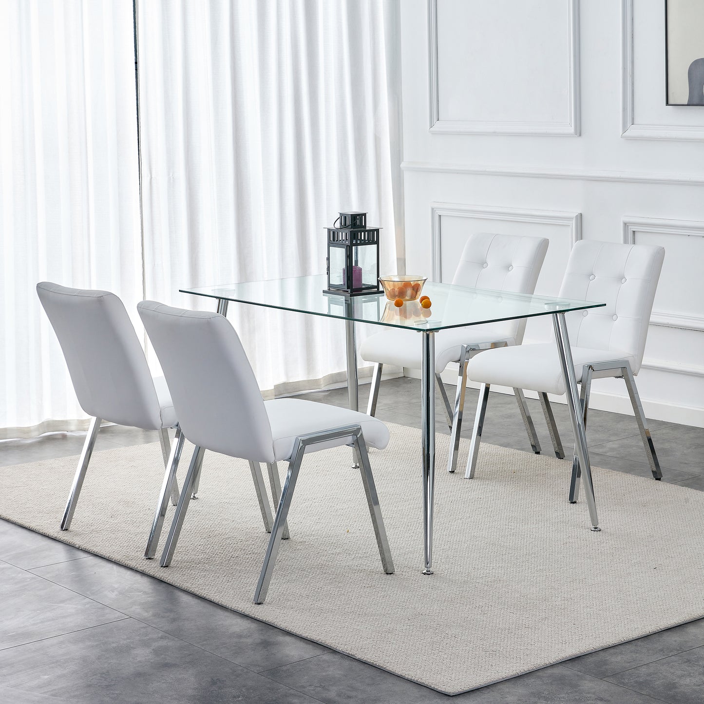 Grid shaped armless high back dining chair,2-piece set, office chair. Applicable to dining room, living room, kitchen and office.White  Chair and Electroplated metal leg