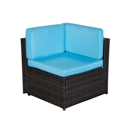 Patio Set 4-Piece Brown Poly Rattan Blue Cushion Combined 2 Blue Pillows Sectional Option Sofa Sets And Multifunctional Table