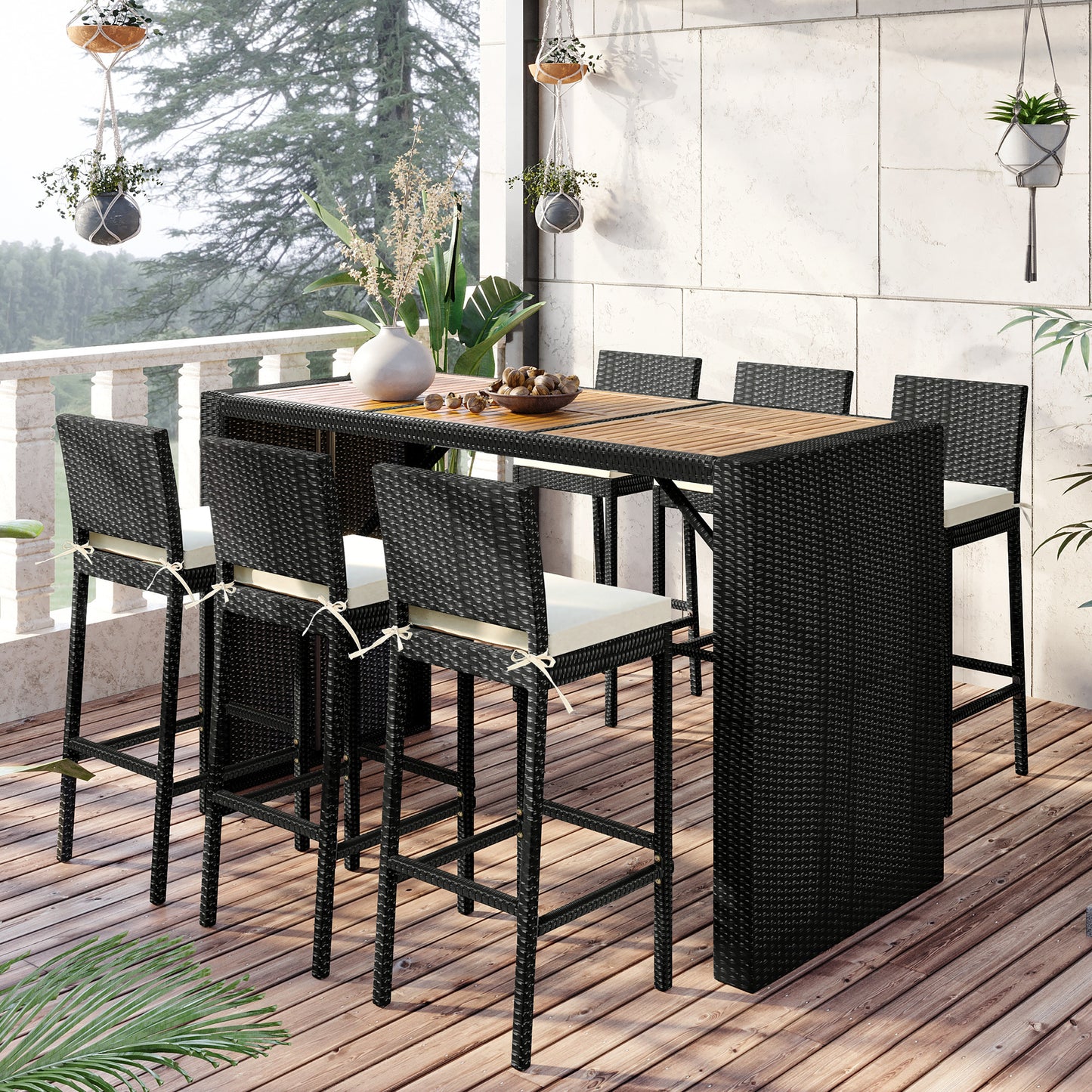 TOPMAX Outdoor Patio 7-Piece Rattan Dining Table Set, PE Wicker Bar Furniture Set with Wood Tabletop and 6 Dining Chairs for Backyard, Garden, Black Rattan+Beige Cushion