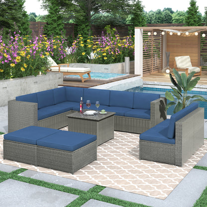 U_Style 9 Piece Rattan Sectional Seating Group with Cushions and Ottoman, Patio Furniture Sets, Outdoor Wicker Sectional, Grey Ratten+Blue Cushions