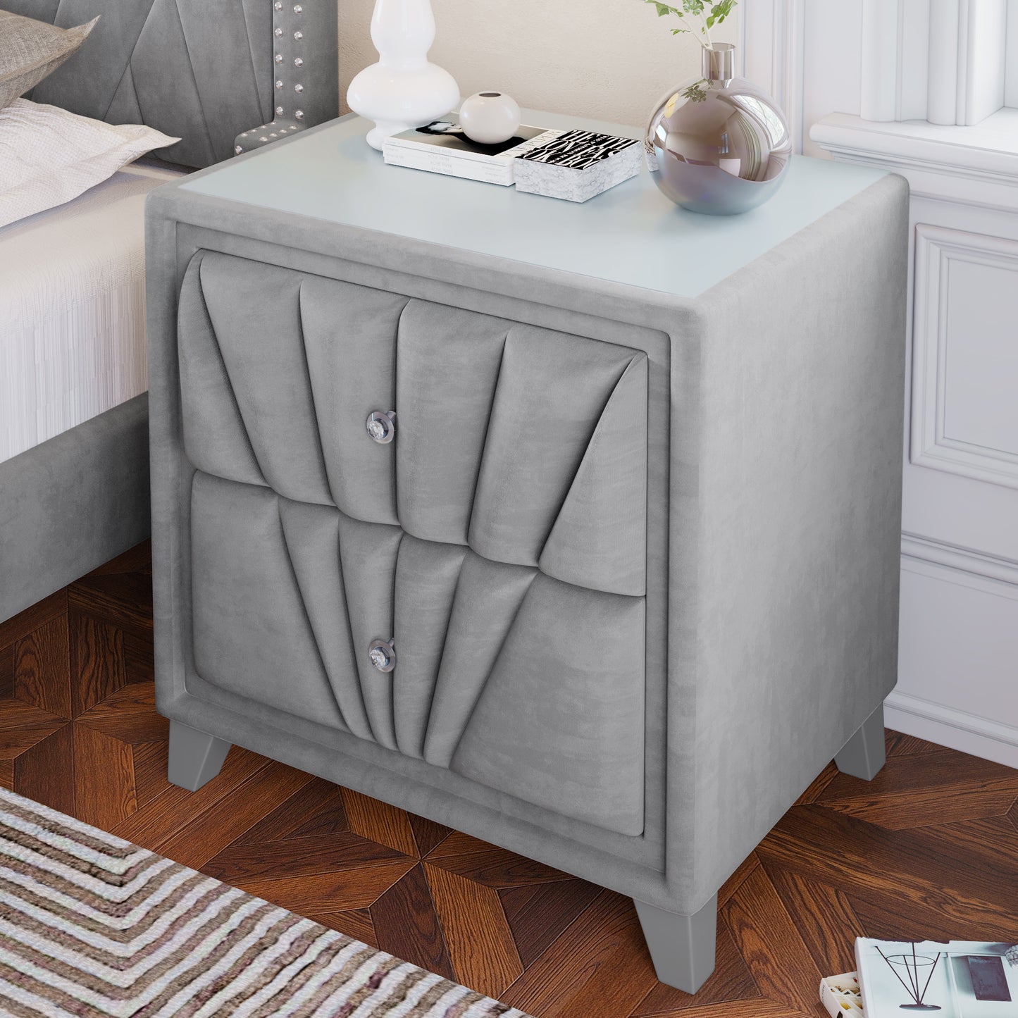 Contemporary Velvet Upholstered Glass Top Nightstand End table with Two Drawers Gray Solid Wood,Gray