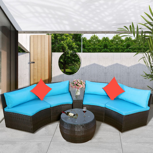 TOPMAX 4-Piece Patio Furniture Sets, Outdoor Half-Moon Sectional Furniture Wicker Sofa Set with Two Pillows and Coffee Table, Blue Cushions+Brown Wicker