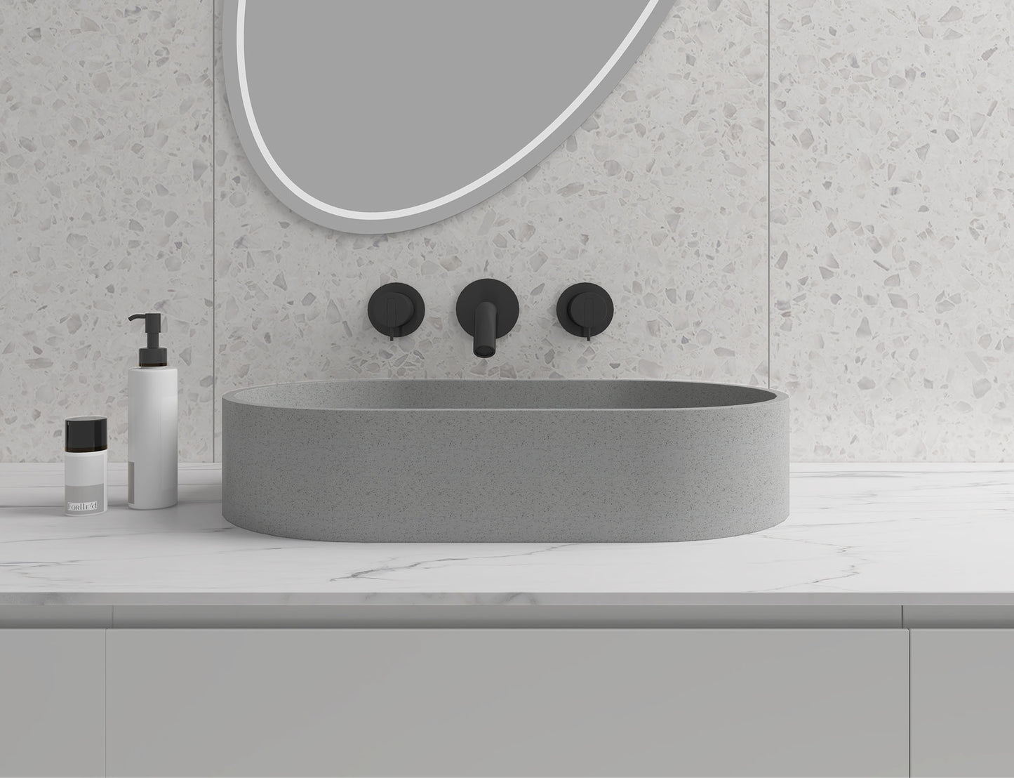 Double Oval Concrete Vessel Bathroom Sink in Grey without Faucet and Drain