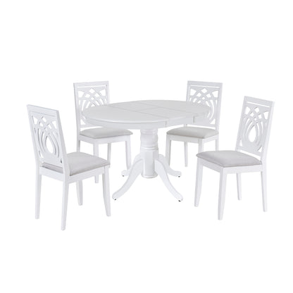 TOPMAX Mid-Century 5-Piece Extendable Round Dining Table Set with 4 Upholstered Dining Chairs for Small Places, White