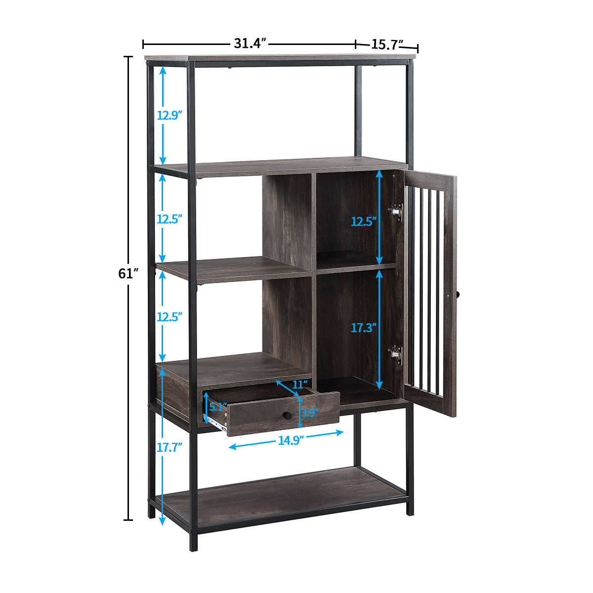 Home Office Bookcase and Bookshelf 5 Tier Display Shelf with Doors and Drawers, Freestanding Multi-functional Decorative Storage Shelving, Vintage Brown Industrial Style (Brown)