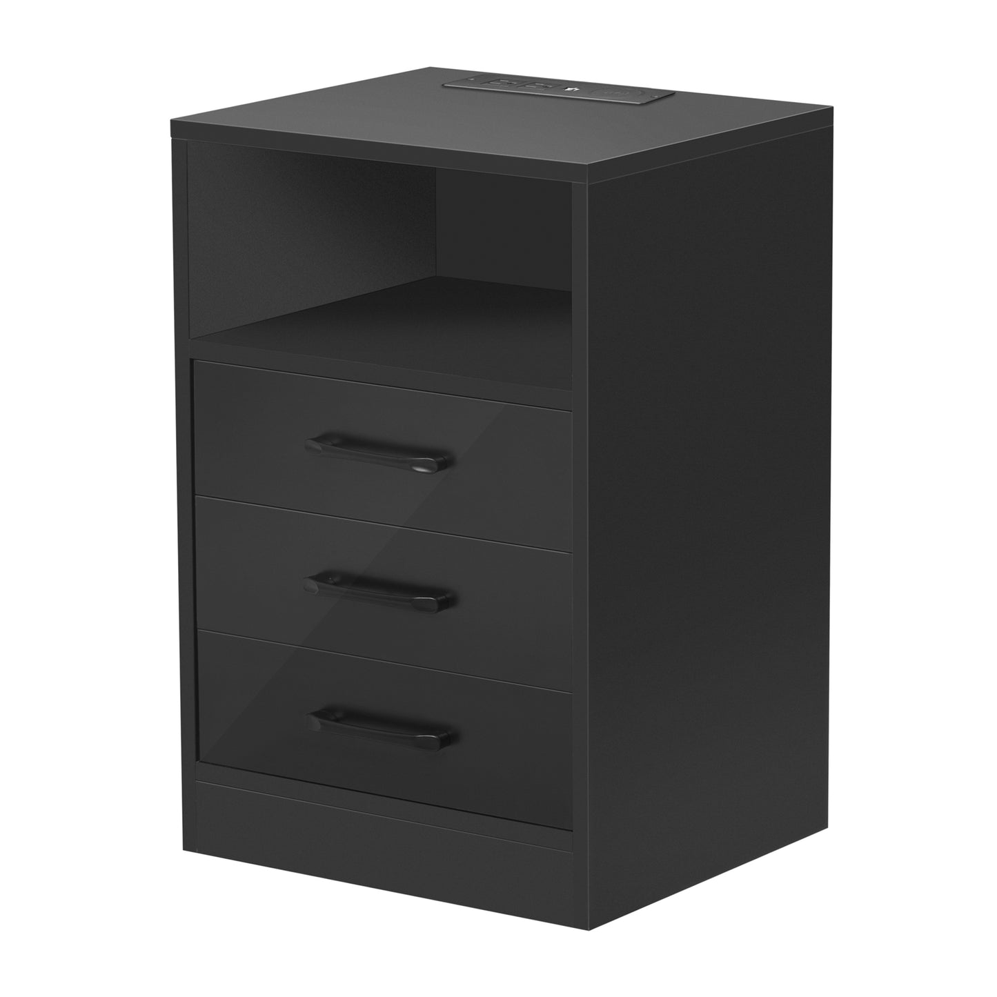 Nightstand with 3 Drawers and Cabinet,USB Charging Ports, Wireless Charging and Remote Control LED Light-Black