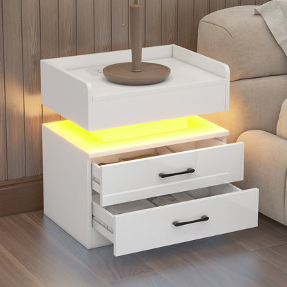 Nightstand with 2 Drawers,USB Charging Ports, Wireless Charging and Remote Control LED Light-White