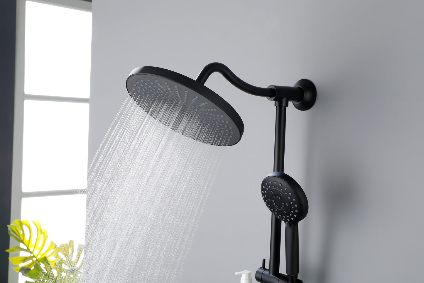 ShowerSpas Shower System, with 10" Rain Showerhead, 4-Function Hand Shower, Adjustable Slide Bar and Soap Dish, Matte Black Finish
