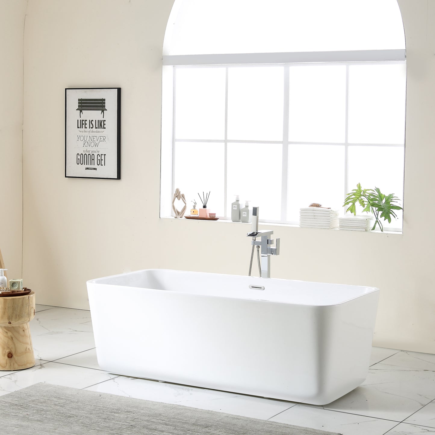 67"L x 31.5\'\'W Acrylic Art Freestanding Alone White Soaking Bathtub with Brushed Nickel Overflow and Drain