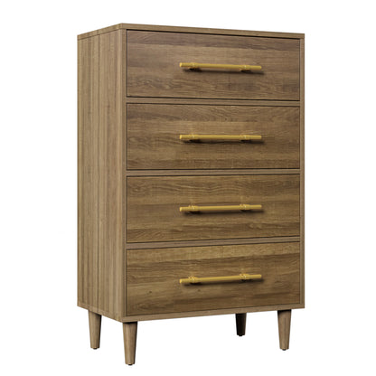 Mid-Century Modern Chest with Golden Handles, Four-Drawer, Natural Walnut