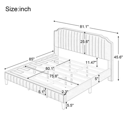 Modern Linen Curved Upholstered Platform Bed , Solid Wood Frame , Nailhead Trim, Cream (King)