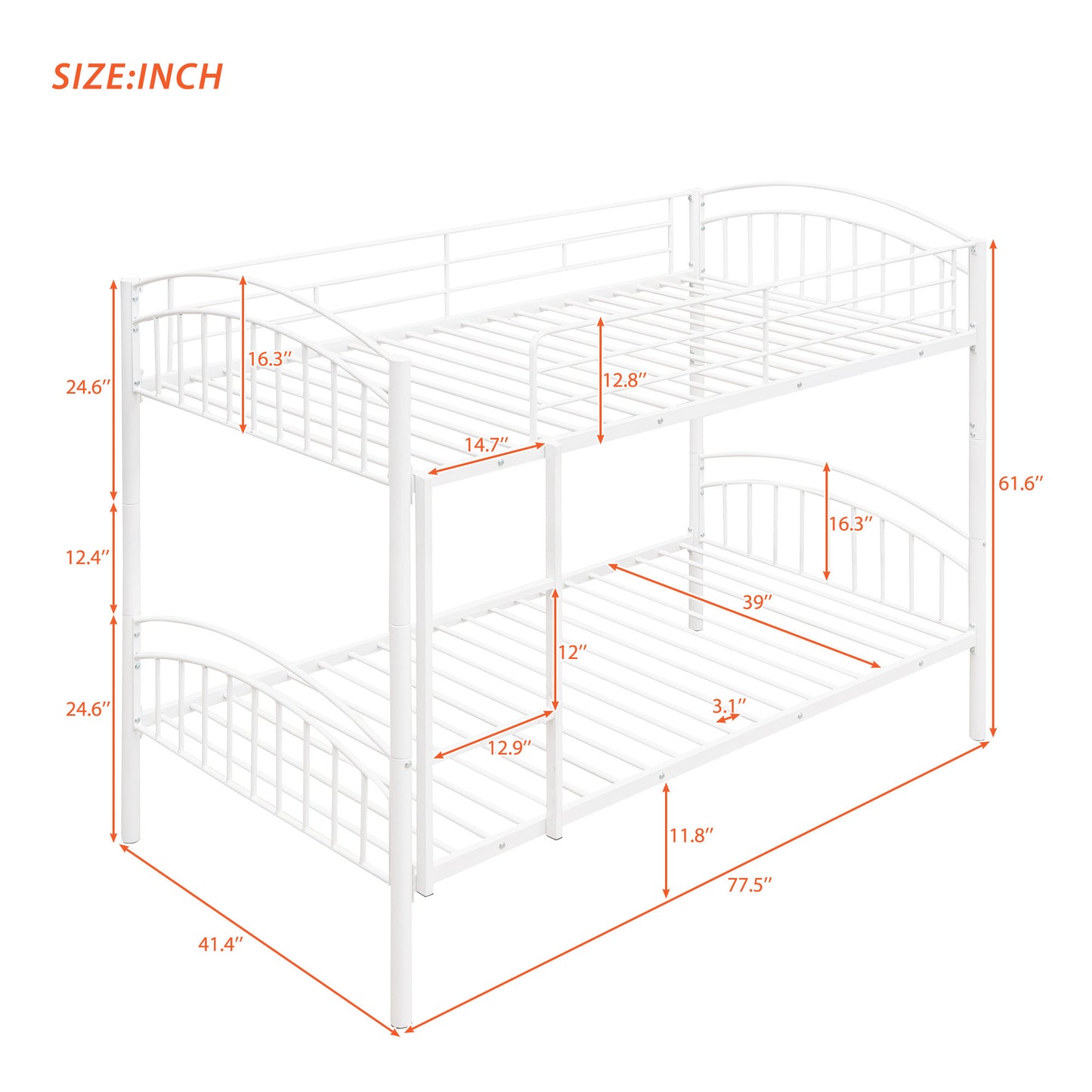 Twin Over Twin Metal Bunk Bed,Divided into Two Beds(White)（OLD SKU:MF280424AAK）