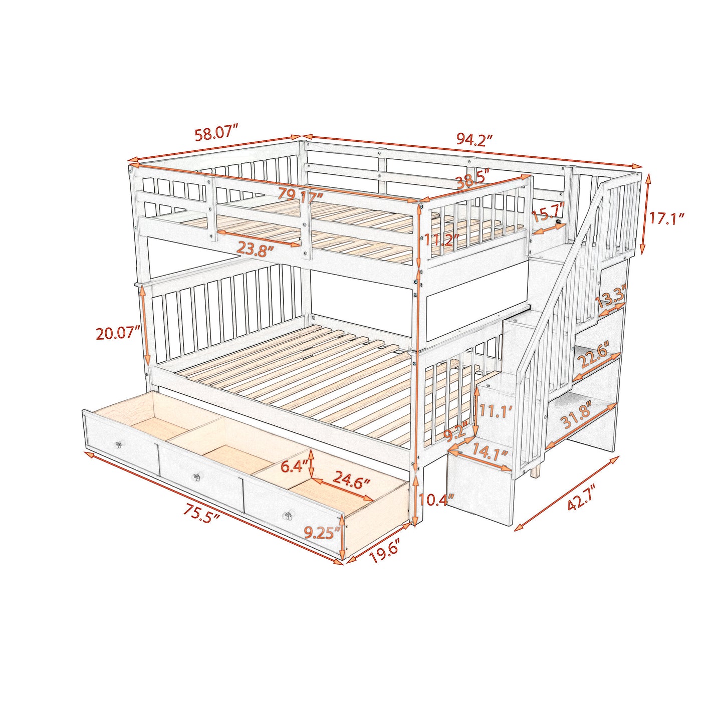 Stairway Full-Over-Full Bunk Bed with Drawer, Storage and Guard Rail for Bedroom, White ( old sku: LP000310AAK )