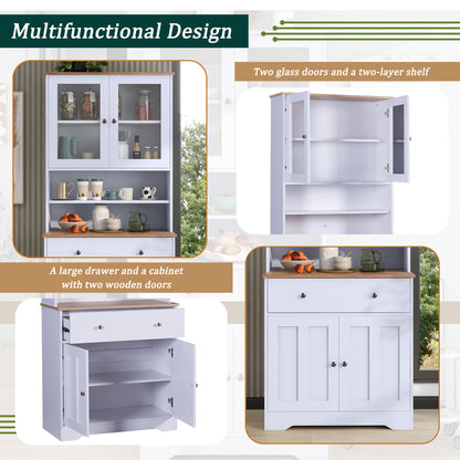 TREXM 70.9" Multifunctional Pantry Cabinet MDF Storage Cabinet with Glass Doors, A Large Drawer and Adjustable Shelves (White)