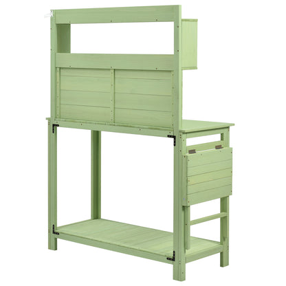 TOPMAX 65inch Garden Wood Workstation Backyard Potting Bench Table with Shelves, Side Hook and Foldable Side Table,Green