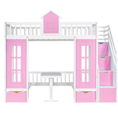 Twin-Over-Twin Bunk Bed with Changeable Table , Bunk Bed  Turn into Upper Bed and Down Desk with 2 Drawers - Pink