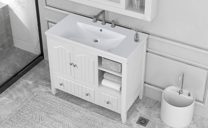 [VIDEO] 36" Bathroom Vanity with Ceramic Basin, Bathroom Storage Cabinet with Two Doors and Drawers, Solid Frame, Metal Handles, White