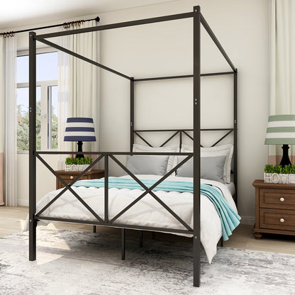 Metal Canopy Bed Frame, Platform Bed Frame  with X Shaped Frame Full Black