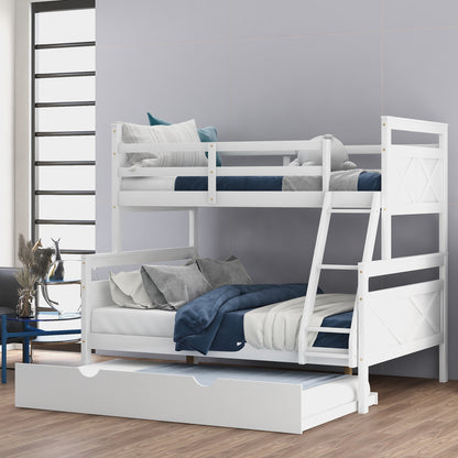 Twin over Full Bunk Bed with Ladder, Twin Size Trundle, Safety Guardrail, White