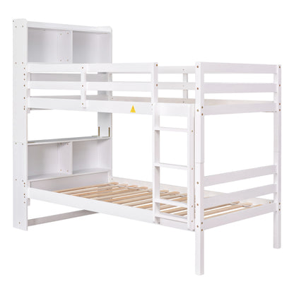 Twin Over Twin Bunk Beds with Bookcase Headboard, Solid Wood Bed Frame with Safety Rail and Ladder, Kids/Teens Bedroom, Guest Room Furniture, Can Be converted into 2 Beds, White