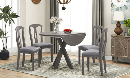 TOPMAX Rustic Farmhouse 5-Piece Wood Round Dining Table Set for 4, Kitchen Furniture with Drop Leaf and 4 Padded Dining Chairs for Small Places, Grey