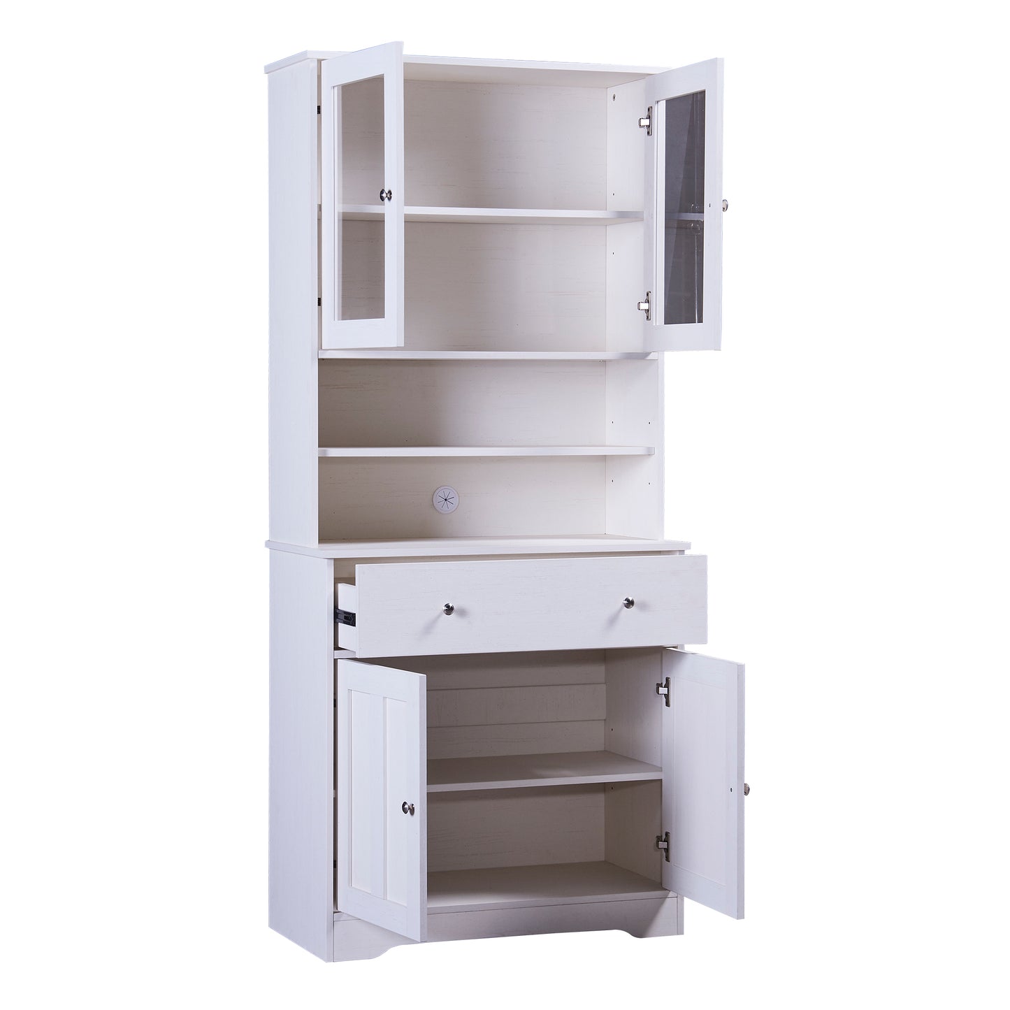 TREXM 70.9" Multifunctional Pantry Cabinet MDF Storage Cabinet with Glass Doors, A Large Drawer and Adjustable Shelves (Antique White)