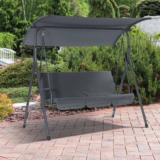 3-Person Patio Glider Swing Chair With Stand, Porch Lawn Swing With Removable Cushion And Convertible Canopy, Gray