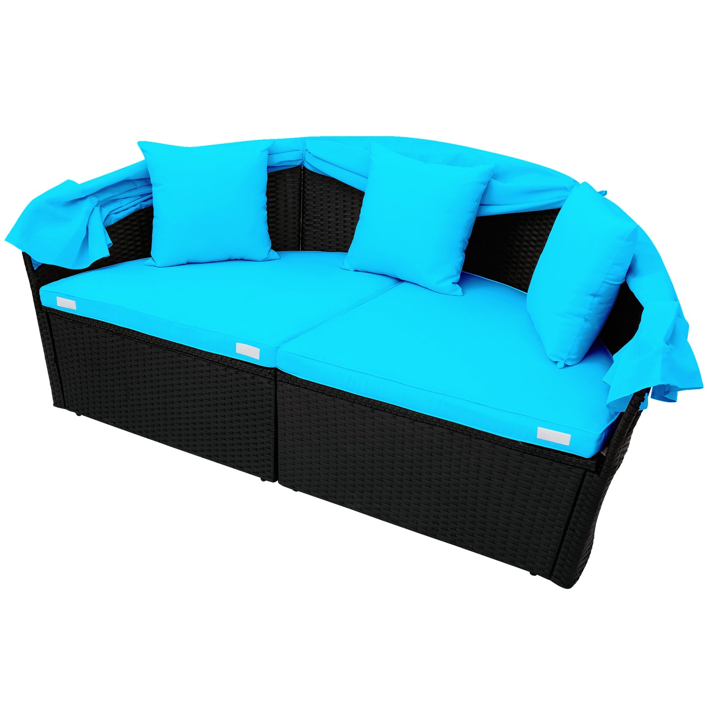 Outdoor rattan daybed sunbed with Retractable Canopy Wicker Furniture, Round Outdoor Sectional Sofa Set, black Wicker Furniture Clamshell  Seating with Washable Cushions, Backyard, Porch, Blue.