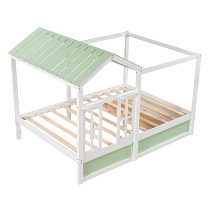 Full Size House Bed with Roof, Window and Drawer - Green + White