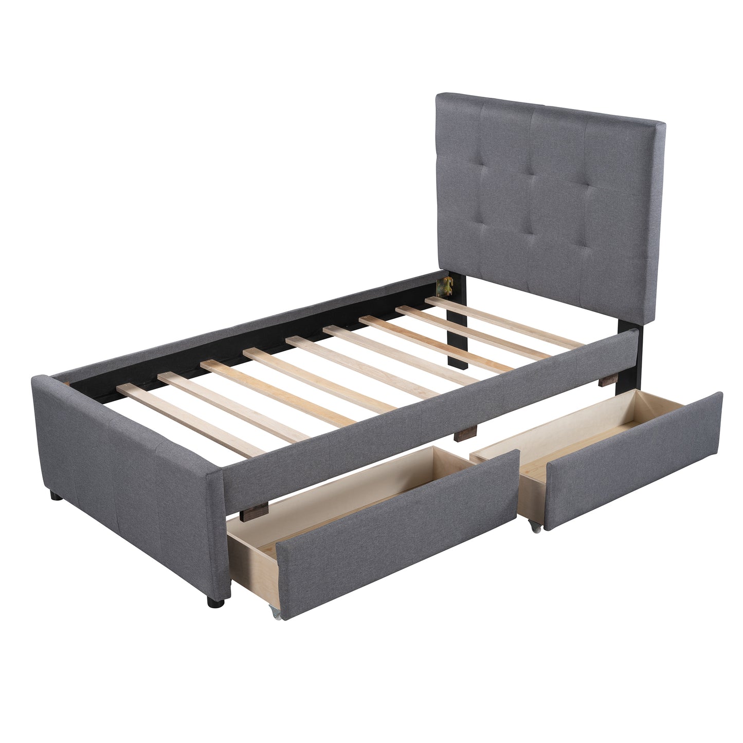 Linen Upholstered Platform Bed With Headboard and Two Drawers, Twin