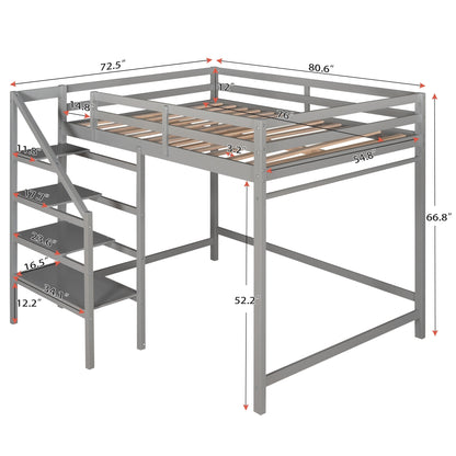 Full Size Loft Bed with Built-in Storage Staircase and Hanger for Clothes,Gray