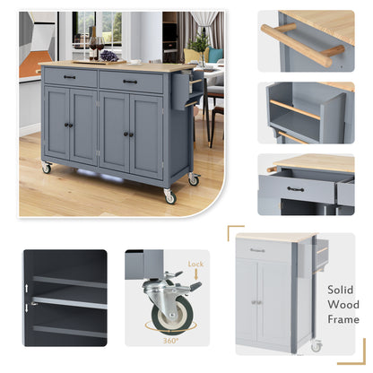 Kitchen Island Cart with Solid Wood Top and Locking Wheels，54.3 Inch Width，4 Door Cabinet and Two Drawers，Spice Rack, Towel Rack （Grey Blue）