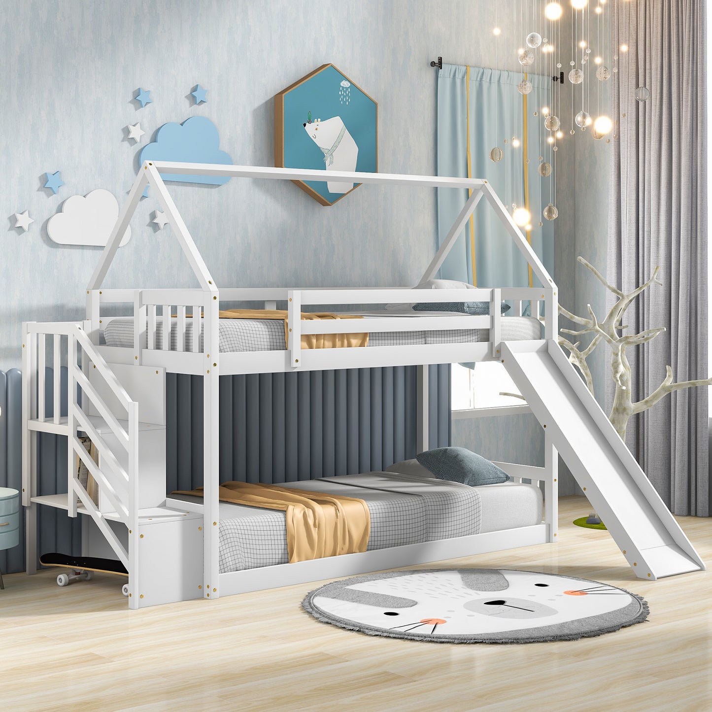 Twin over Twin House Bunk Bed with Slide and Storage Staircase,White