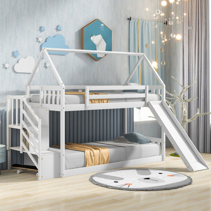 Twin over Twin House Bunk Bed with Slide and Storage Staircase,White