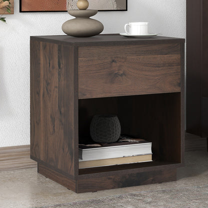 Mid-Century Modern Nightstand End Table Open Storage with  One Drawer, Dark Brown