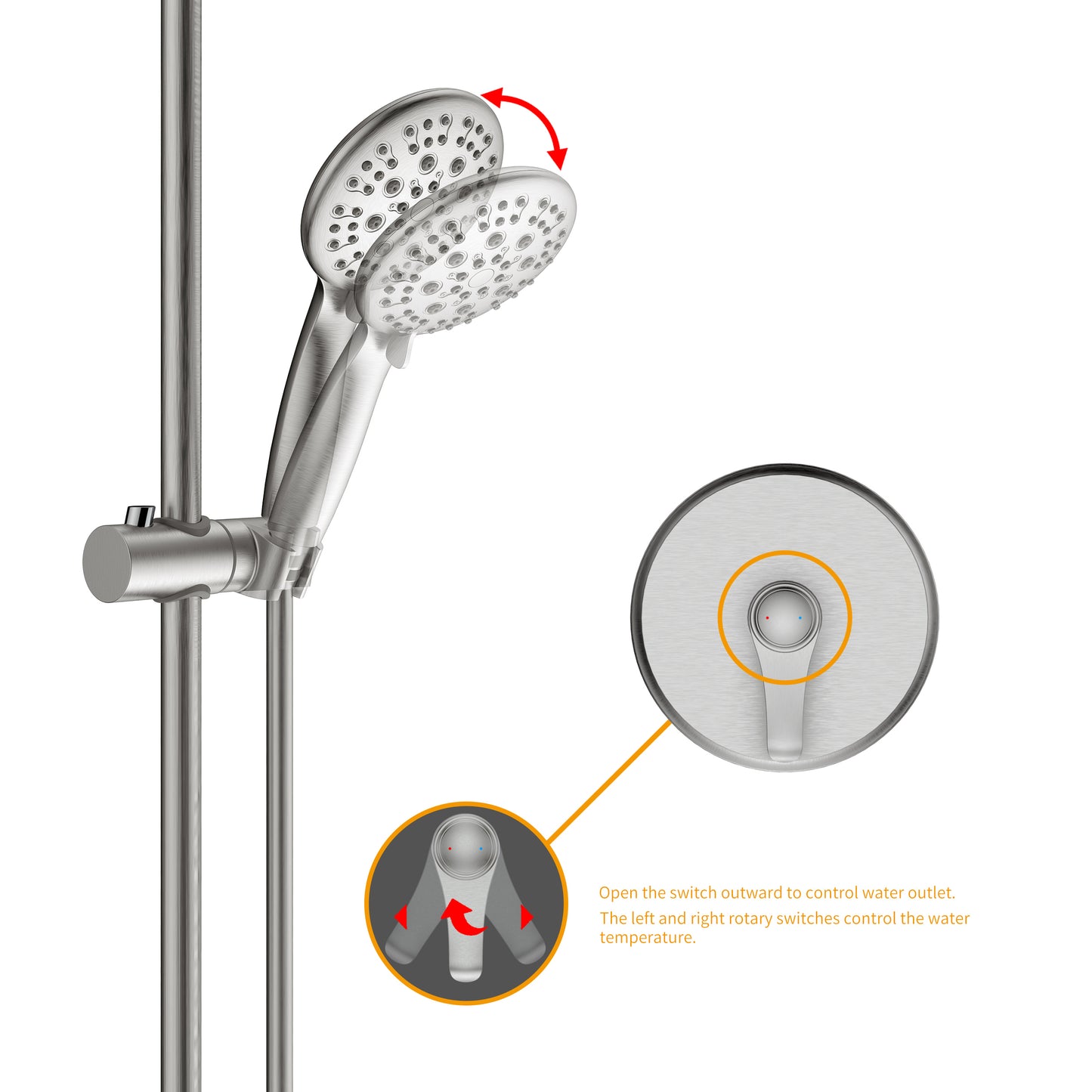Large Amount of water Multi Function Shower Head - Shower System with 4." Rain Showerhead, 6-Function Hand Shower, Simple Style,With Storage Hook, Brushed Nickel