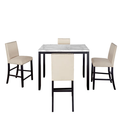 TOPMAX 5 Piece Counter Height Faux Marble Modern Dining Set with Matching Chairs and Marble Veneer  for Home, Beige