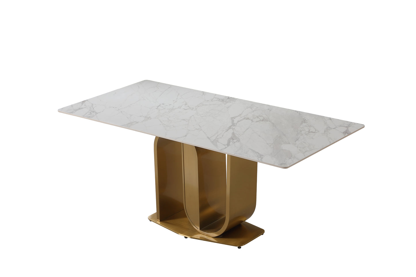 71" Contemporary Dining Table  Sintered Stone  U shape Pedestal Base in Gold finish with 6 pcs Chairs .