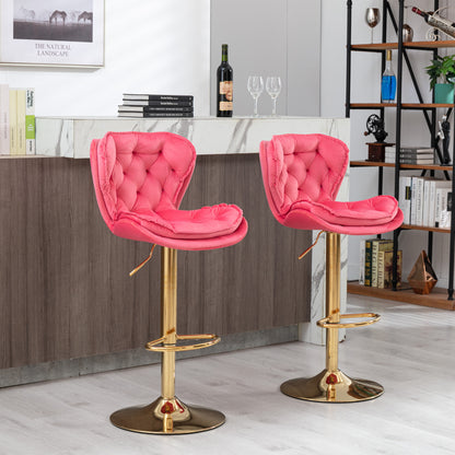 Set of 2  Bar Stools,with Chrome Footrest and Base Swivel Height Adjustable Mechanical Lifting Velvet + Golden Leg Simple Bar Stool-pink