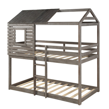 Twin Over Twin Bunk Bed Wood Loft Bed with Roof, Window, Guardrail, Ladder  ( Antique Gray )