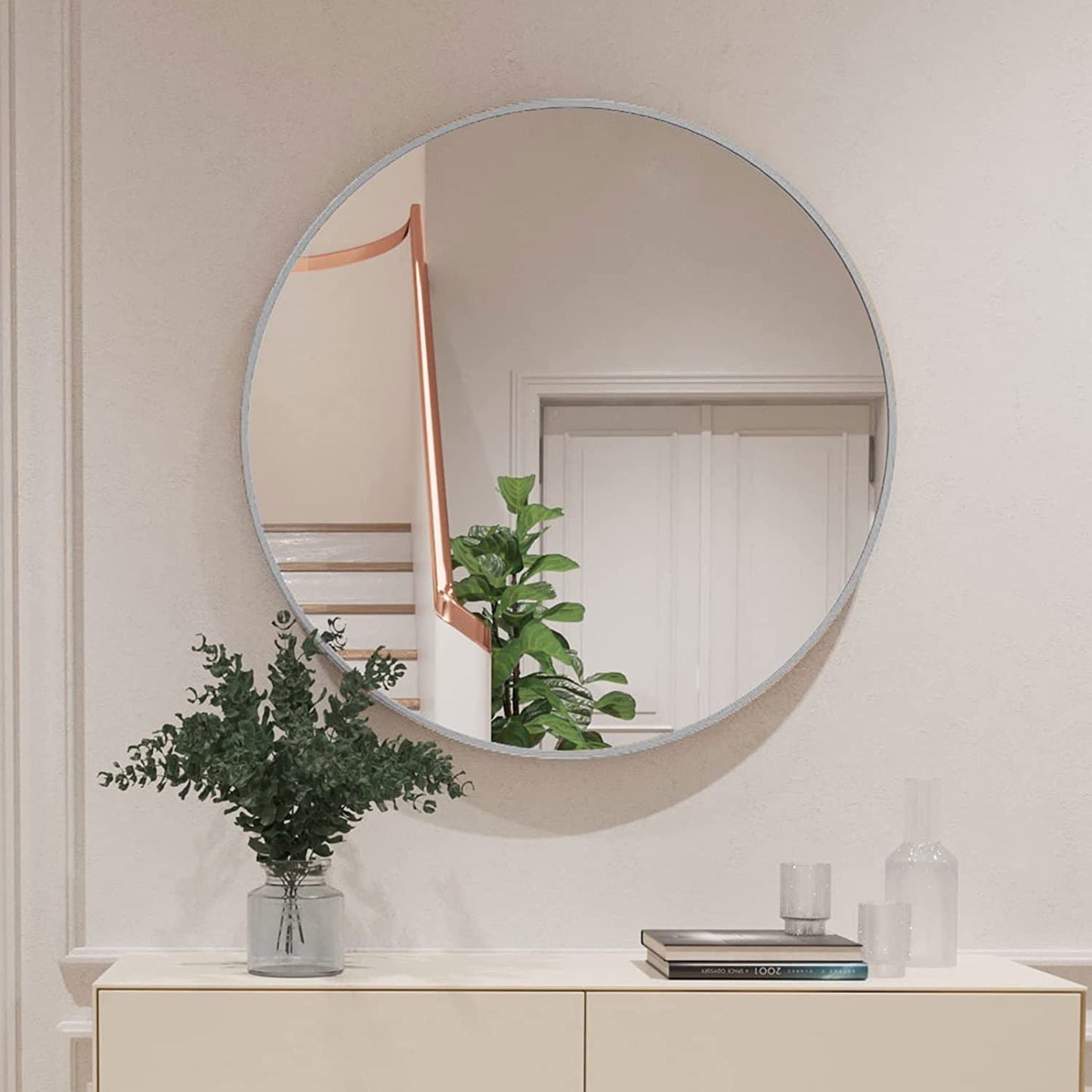Round Mirror, Circle Mirror 32 Inch, Silver Round Wall Mirror Suitable for Bedroom, Living Room, Bathroom, Entryway Wall Decor and More, Brushed Aluminum Frame Large Circle Mirrors for Wall